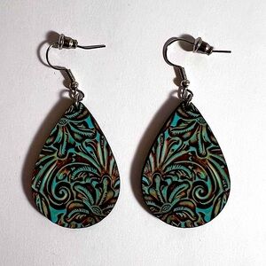 Turquoise embossed Boho teardrop wooden earrings beautifully done. Never worn